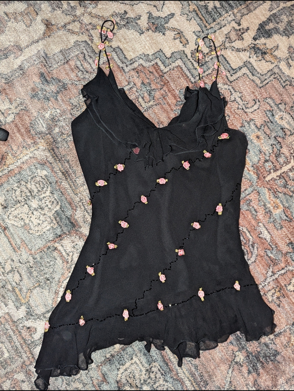 Black Y2K 100% Silk Ruffled Beaded Fairy Cami